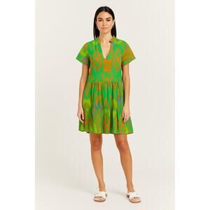 La Plage Alison Short Sleeve V-Neck Cotton Tiered Aztec Mini Dress Green Size S